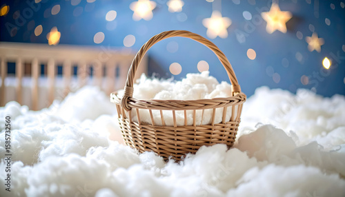Wicker Basket on Fluffy White Clouds with Starry Night Background