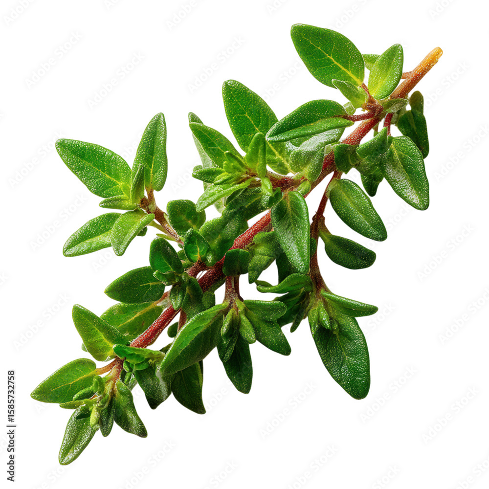 Fototapeta premium Fresh Green Thyme Stem with Lush Leaves on a Black Background