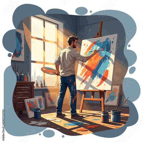 Professional artist absorbed in her work in a messy, sun-drenched studio.