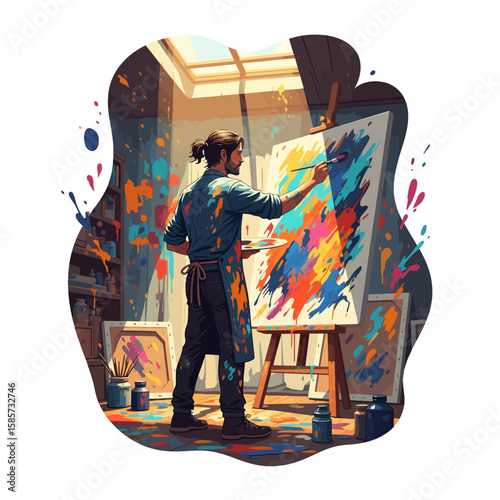 Professional artist absorbed in her work in a messy, sun-drenched studio