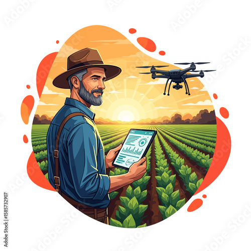 Modern farmer using a tablet and drone in a field, smart farming concept.