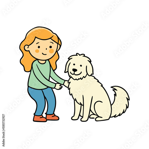 Adorable girl happily petting a fluffy dog in a charming doodle art style