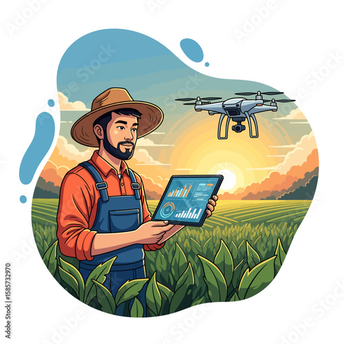 Modern farmer using a tablet and drone in a field, smart farming concept.