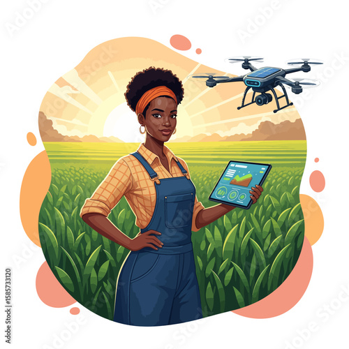 Modern farmer using a tablet and drone in a field, smart farming concept.