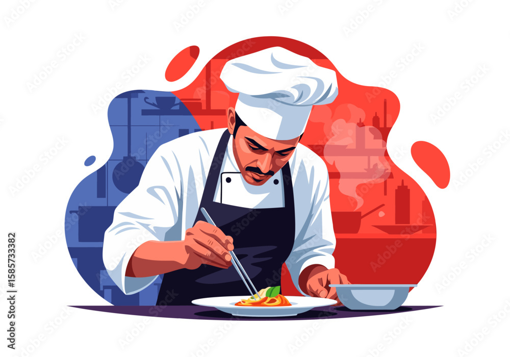 Professional chef plating a dish in a busy restaurant kitchen.