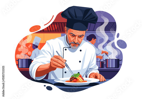 Professional chef plating a dish in a busy restaurant kitchen.