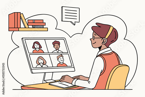 Remote worker video conferencing on computer isolated on Transparent Background