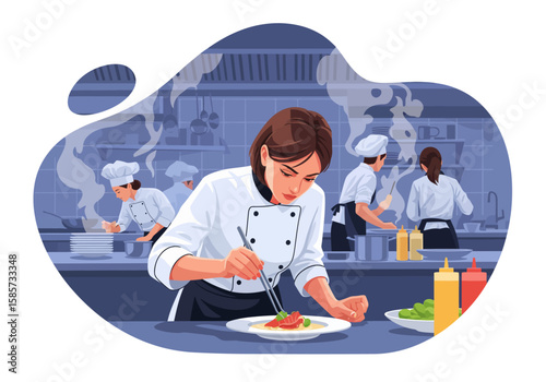 Professional chef plating a dish in a busy restaurant kitchen.