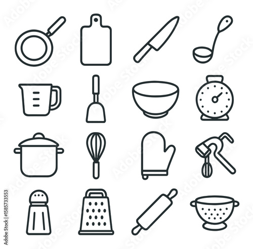 Kitchen essentials icon collection. cooking utensils simple icons: pot, pan, knife, whisk vector icons.