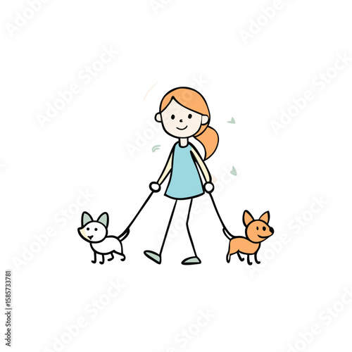 Young girl happily walking two small dogs on leashes in a doodle art style