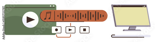 Computer screen with video player, audio waveform, and playback controls including play, pause, and stop. Ideal for media editing, content creation, video playback, sound management online