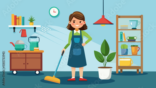 Smiling woman in apron cleaning the kitchen floor with a mop surrounded by furniture, dishes, and plants in a cozy home interior