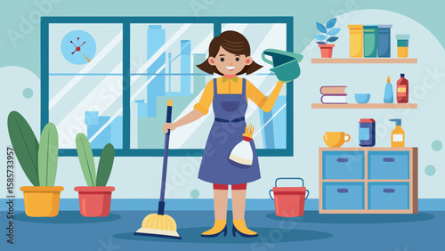 Smiling woman in apron holding mop and watering can in cozy room with shelves, plants and cleaning supplies near a large window