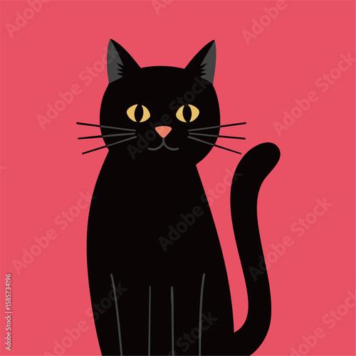 Minimalist Flat Design Black Cat Red Background