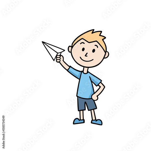 Joyful young boy happily throws a paper airplane into the sky