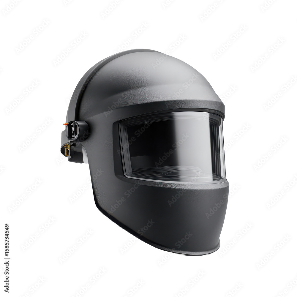 Fototapeta premium A black welding helmet with a large protective visor and adjustable side knob, designed to shield the face and eyes during welding tasks.