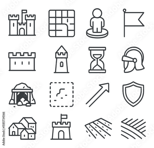 Strategy game icon collection. simple linear icons: castle, flag, knight, shield, map vector icons.