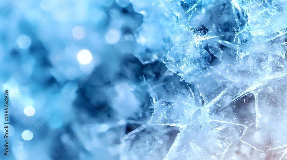 Fototapeta premium Ethereal ice crystals with delicate frost patterns in blue tones create magical winter texture with bokeh light effects in background, macro photography for seasonal designs.