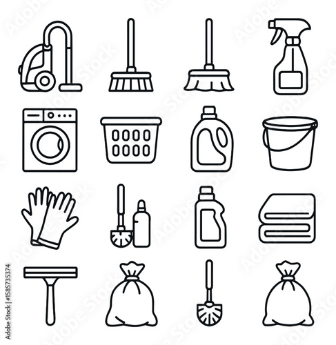 Household cleaning icon collection. simple tools linear: vacuum, mop, bottle, gloves, laundry vector icons.
