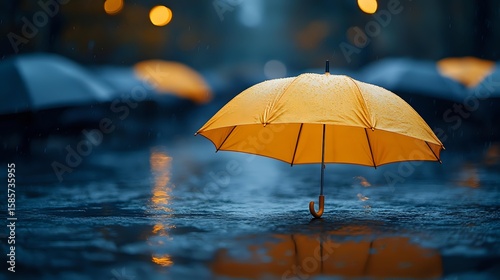 Wallpaper Mural Orange umbrella standing in rain with blurred bokeh lights and water reflections creating atmospheric moody scene for weather and protection concepts. Torontodigital.ca