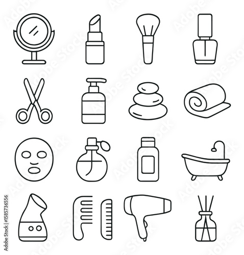 Spa essentials icon collection: beauty, wellness, linear style. mirror, lipstick, brush, nail, soap, stone, towel, bathtub, comb, diffuser vector icons