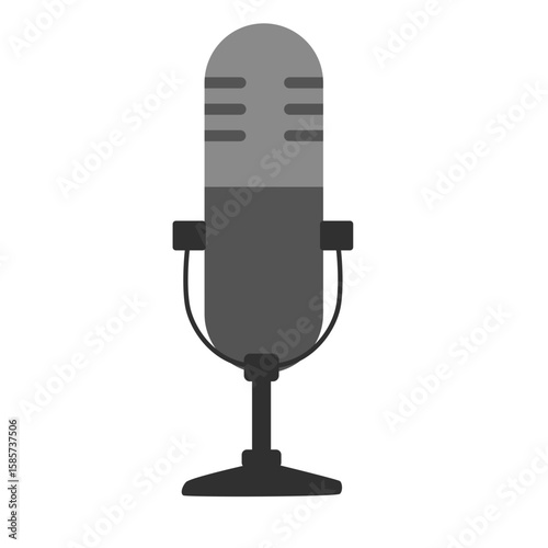 Black vintage microphone audio equipment, flat minimal style, isolated on white background, perfect for performance, recording, and creative music projects.