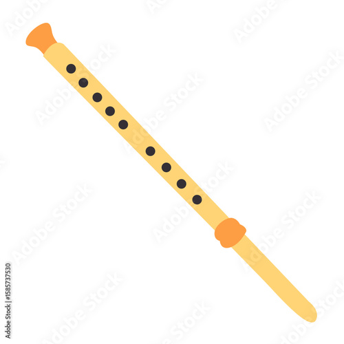 Wooden flute wind instrument, flat minimal style, isolated on white background, perfect for folk, cultural, and music-themed designs.