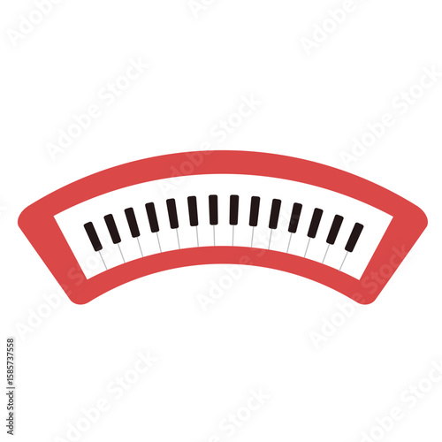 Red accordion wind instrument, flat minimal style, isolated on white background, ideal for folk, cultural, and creative music projects.