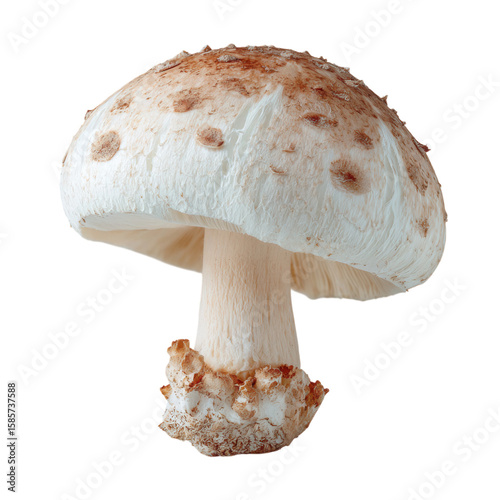 Fresh White Mushroom with Smooth Cap and Sturdy Stem on White Background