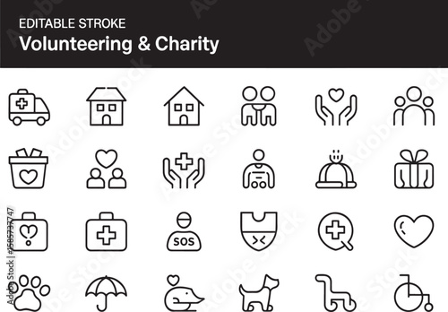 Volunteer & Charity Icon Set Editable Stroke Line Art