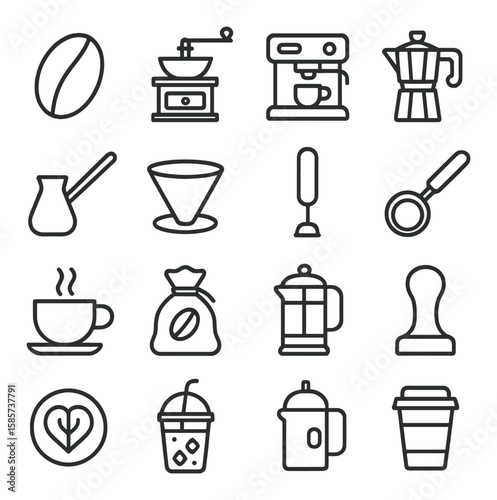 Coffee icon collection. cafe and beverage simple style. grinder, brewer, mug, pot, espresso vector icons.