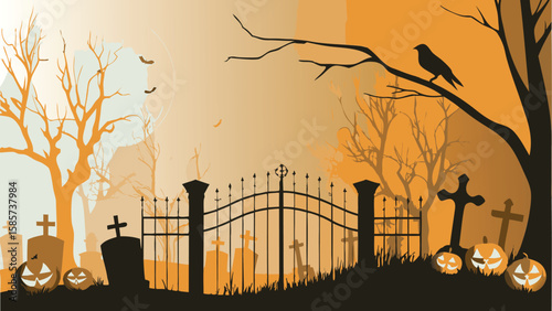 Silhouette halloween scene with pumpkins, tombstones, gate and a crow on a tree branch at dusk