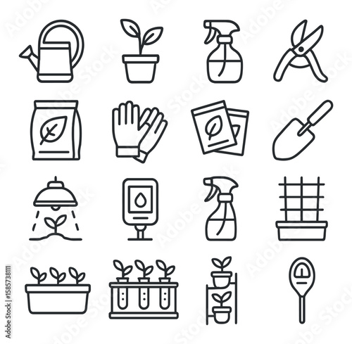 Plant care icon collection. essential gardening linear icons: watering can, pruner, seedling, glove, spray, trellis, pot vector icons