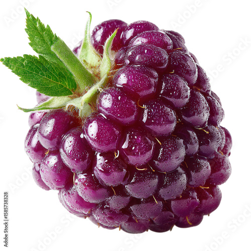 Fresh Raspberry with Water Droplets on Green Leaf Close-Up