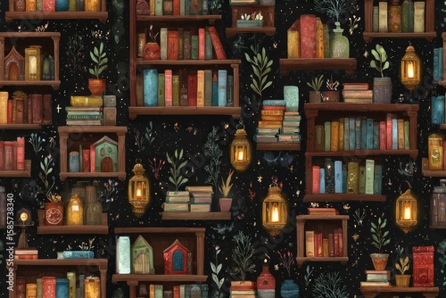 Wallpaper Mural Fabric texture seamless pattern background Tiny Bookstore Magic Mini bookshelves with floating books and enchanted reading nooks Torontodigital.ca