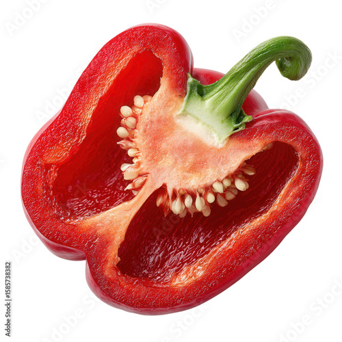Fresh Red Bell Pepper Cut in Half with Seeds and Green Stem