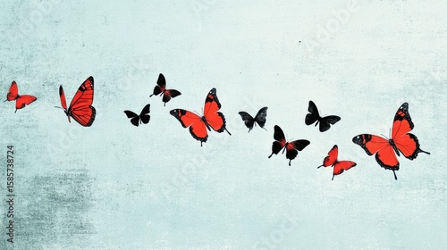 Red and Black Butterflies in Flight on Textured Background