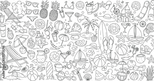 Hand drawn summer beach doodles, vacation holiday elements, tropical drinks, surfboards, flip flops, fun line art, seamless pattern design