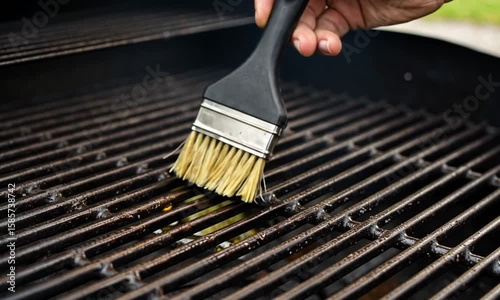 Grilling maintenance.  Brush cleaning a greasy barbecue grill