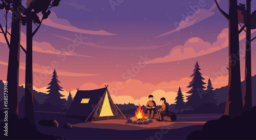 camping landscape camper silhouettes loving couple trailer mountains forest bonfire evening sunset outdoor recreation travelling illustration