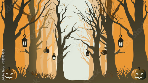 A spooky halloween scene featuring a dark forest with pumpkins and hanging lanterns at night time scene