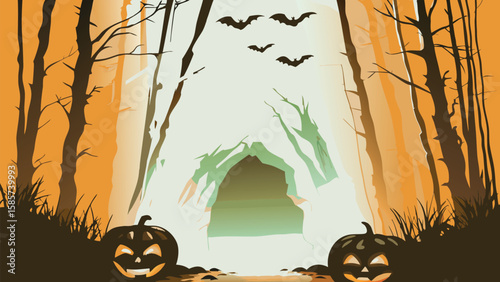 Halloween night scene with pumpkins, bats, and spooky trees creating a festive atmosphere here