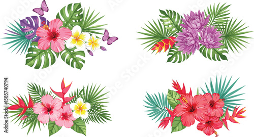 Watercolor tropical floral bouquet set, hibiscus and plumeria with green leaves, exotic summer flower arrangements for design, wedding, invitations, prints