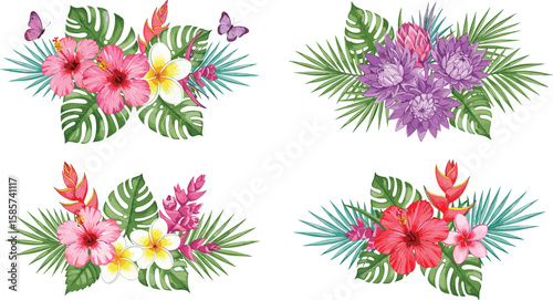 Watercolor tropical floral bouquet set, hibiscus and plumeria with green leaves, exotic summer flower arrangements for design, wedding, invitations, prints
