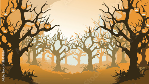 A spooky halloween forest with bare trees and jack o lanterns hanging from the branches in orange hues