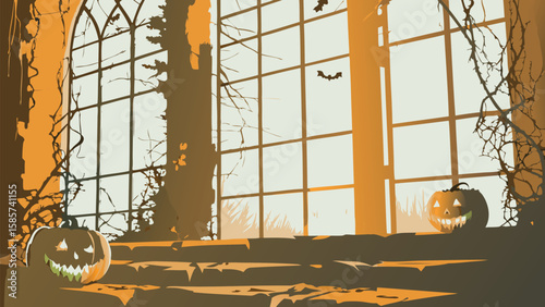 Halloween scene with pumpkins by the window and bats flying in the bright sky at dusk or dawn