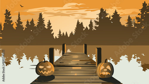 Halloween night scene with pumpkins on a wooden dock overlooking a lake and silhouetted forest