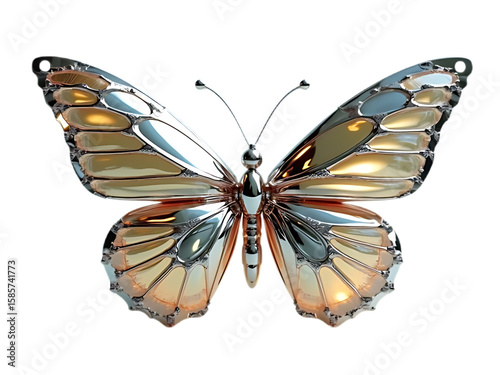 Surreal butterfly with cracked glass wings and chrome body, isolated on transparent background