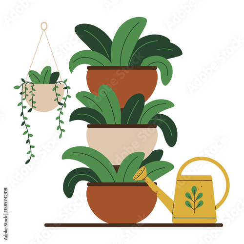 Indoor plant display with watering can