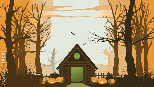 A frame house with pumpkins and trees in an orange halloween setting with bats in the sky above it all